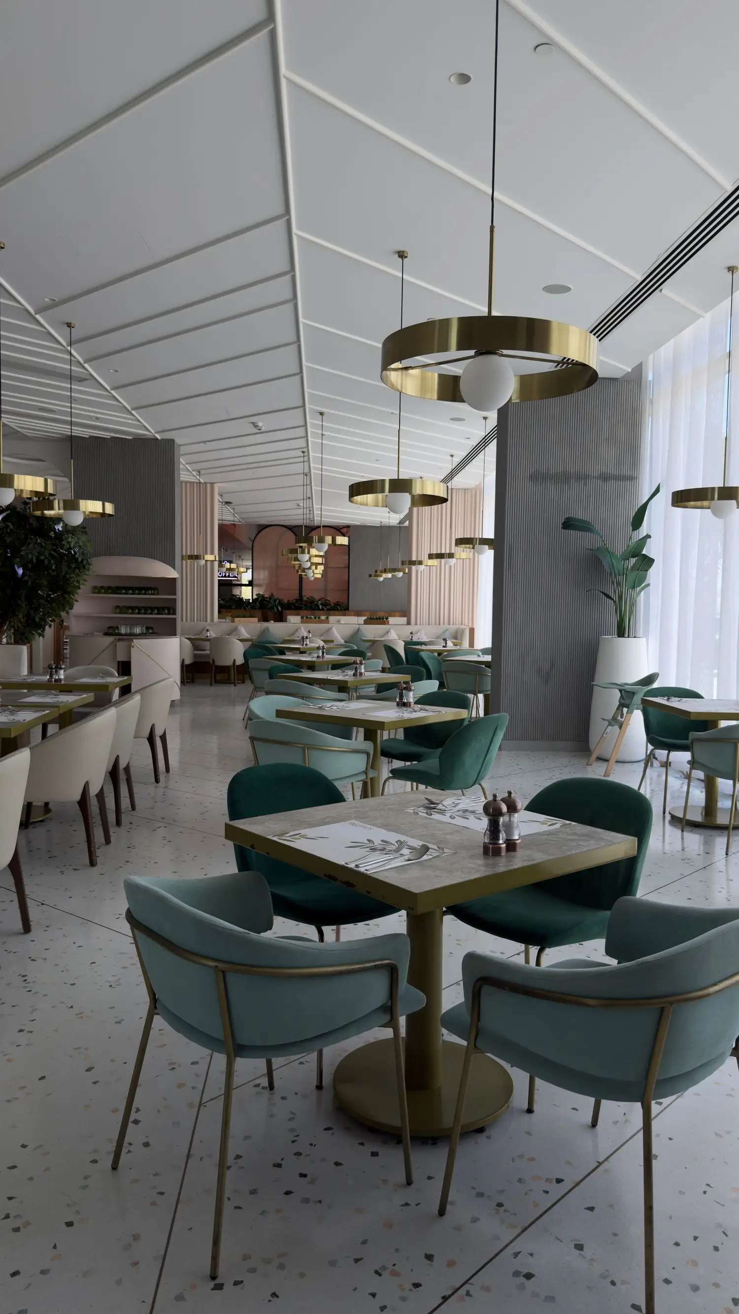 Restaurant dining room with atmospheric lighting