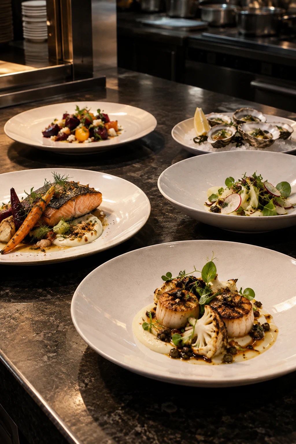 Contemporary Canadian dishes arranged on a restaurant kitchen pass
